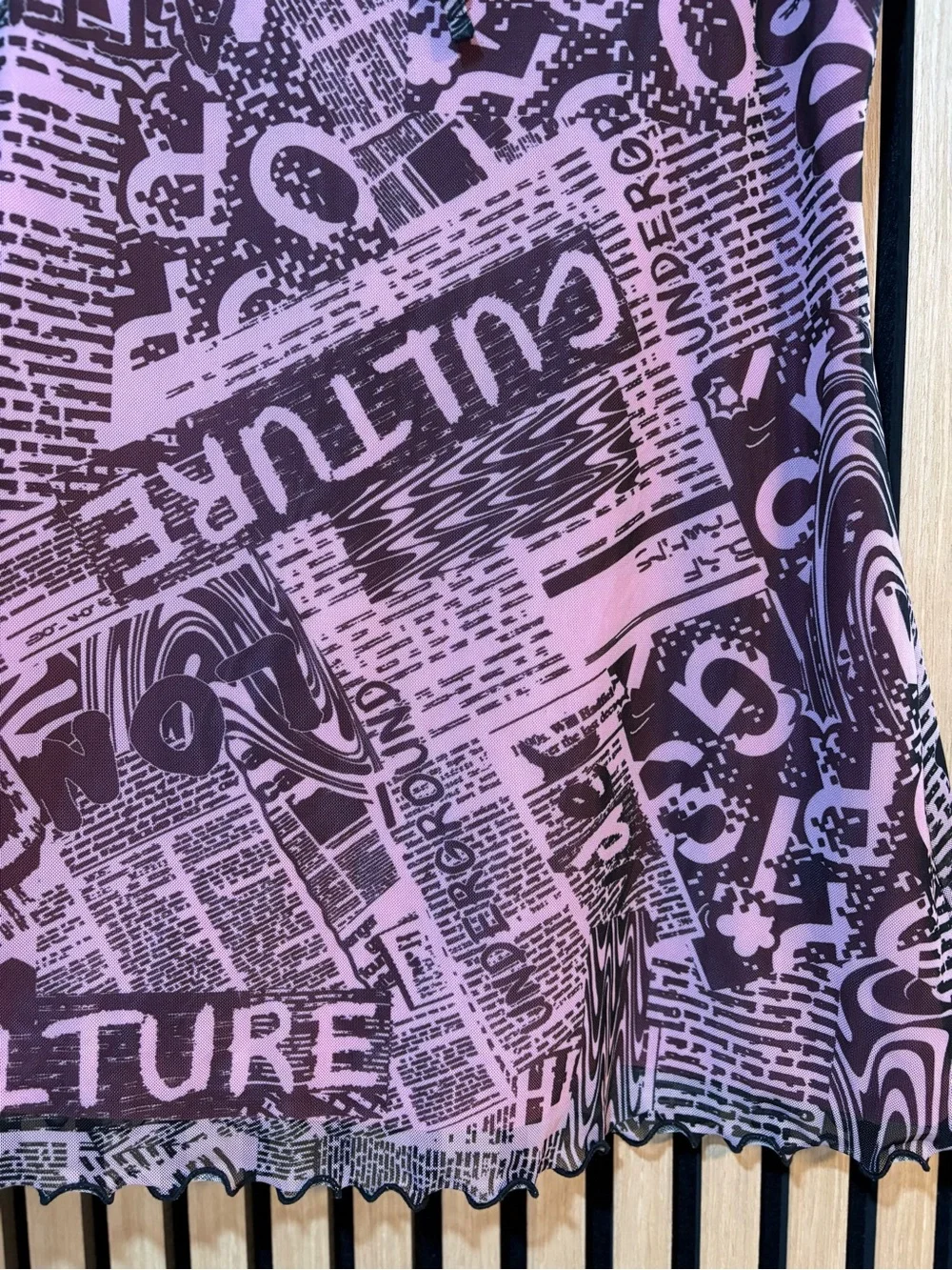 Urban Outfitters UO Elodie Mesh Slip Dress Newspaper Print Pink Black Size Large